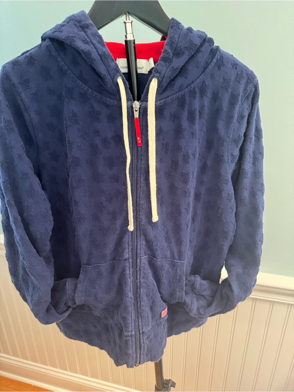 Navy Hooded Zip sweatshirt  with raised stars and red Trim